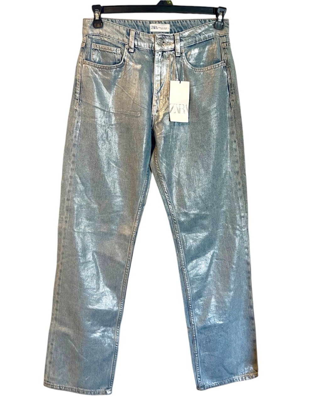 NWT Zara Women’s Denim Metallic Silver Straight-Leg Jeans Size 6